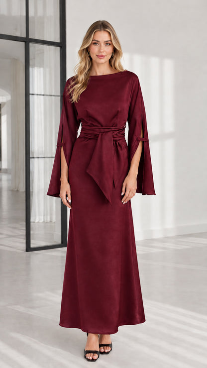 Front view of burgundy red floor-length split sleeve formal dress