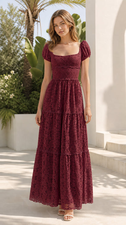 Model wearing burgundy floral lace maxi dress