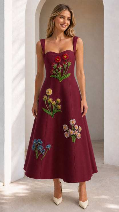 Front view of burgundy embroidered floral midi dress