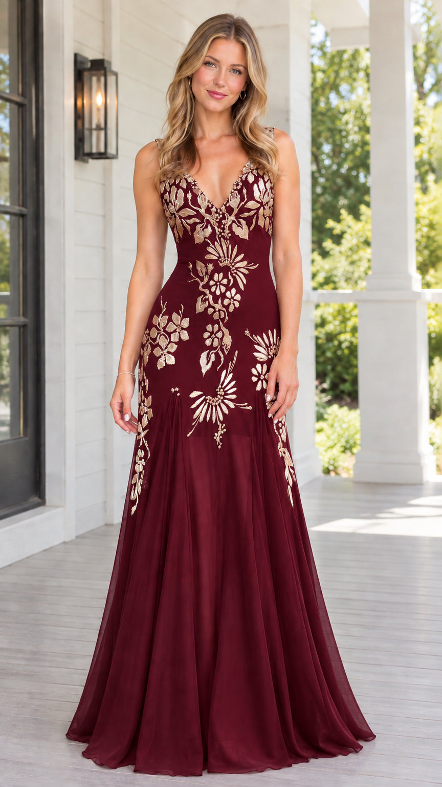 Burgundy wine red embroidered V-neck mermaid evening gown