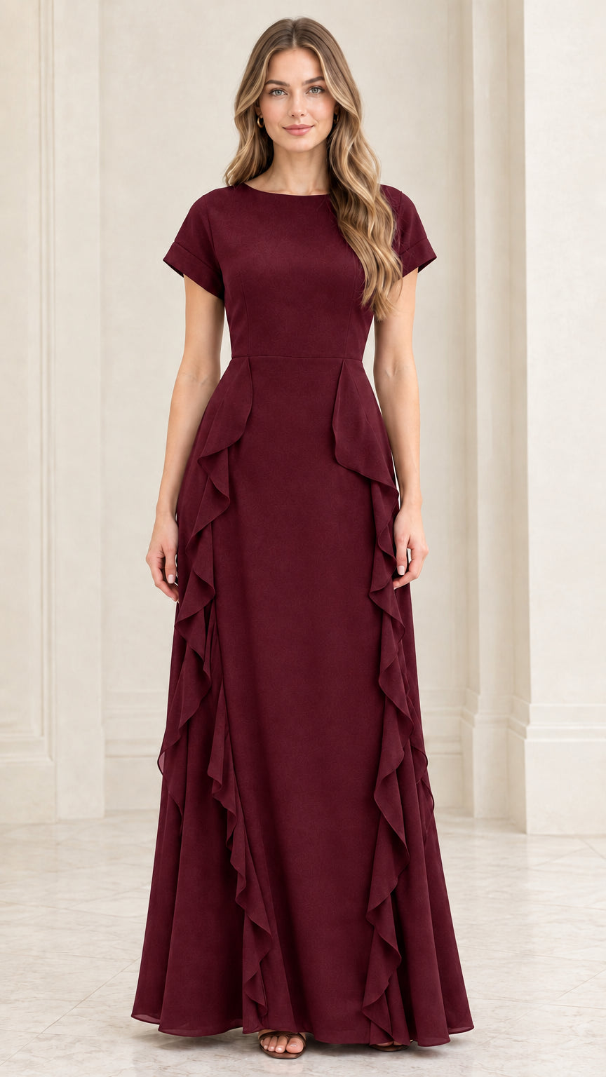 Front full view of burgundy wine short sleeve floor length evening gown