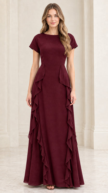 Front full view of burgundy wine short sleeve floor length evening gown