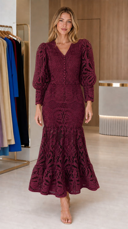 Front view of model wearing burgundy crochet lace midi dress