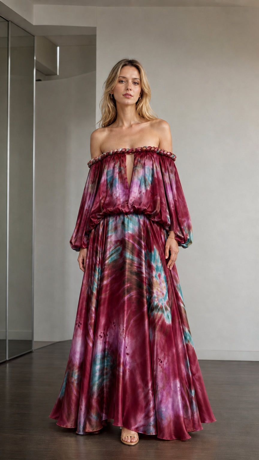 Model wearing burgundy multi tie-dye off-the-shoulder maxi dress