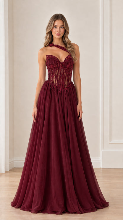 Model wearing Burgundy red beaded illusion corset ballgown
