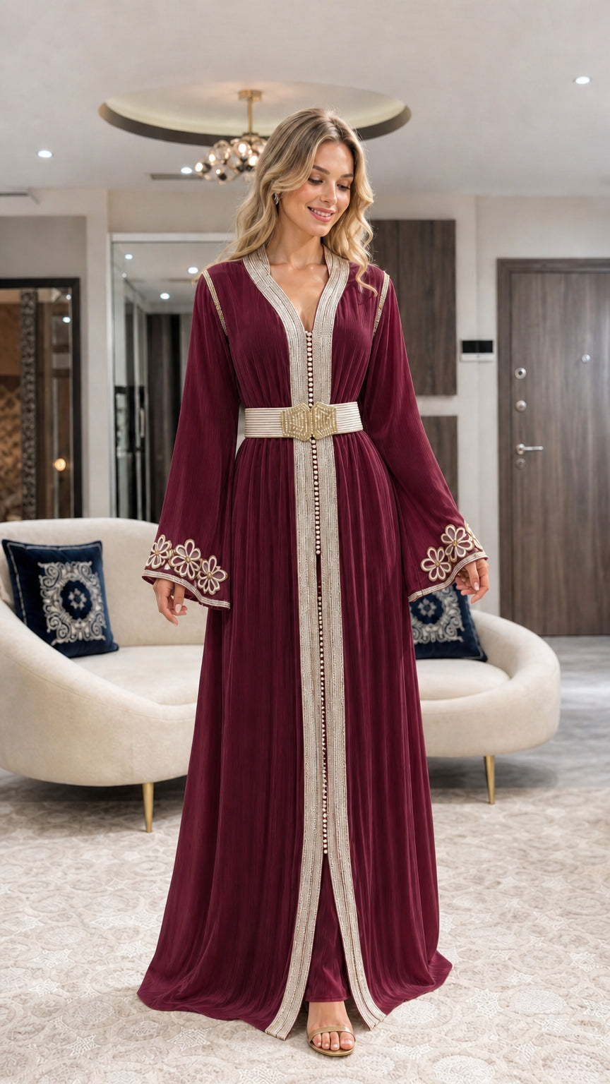 Front view of burgundy wine pleated caftan maxi gown with belt