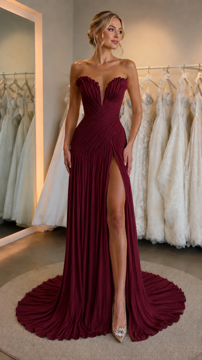 Front view of burgundy strapless pleated gown with thigh slit and train