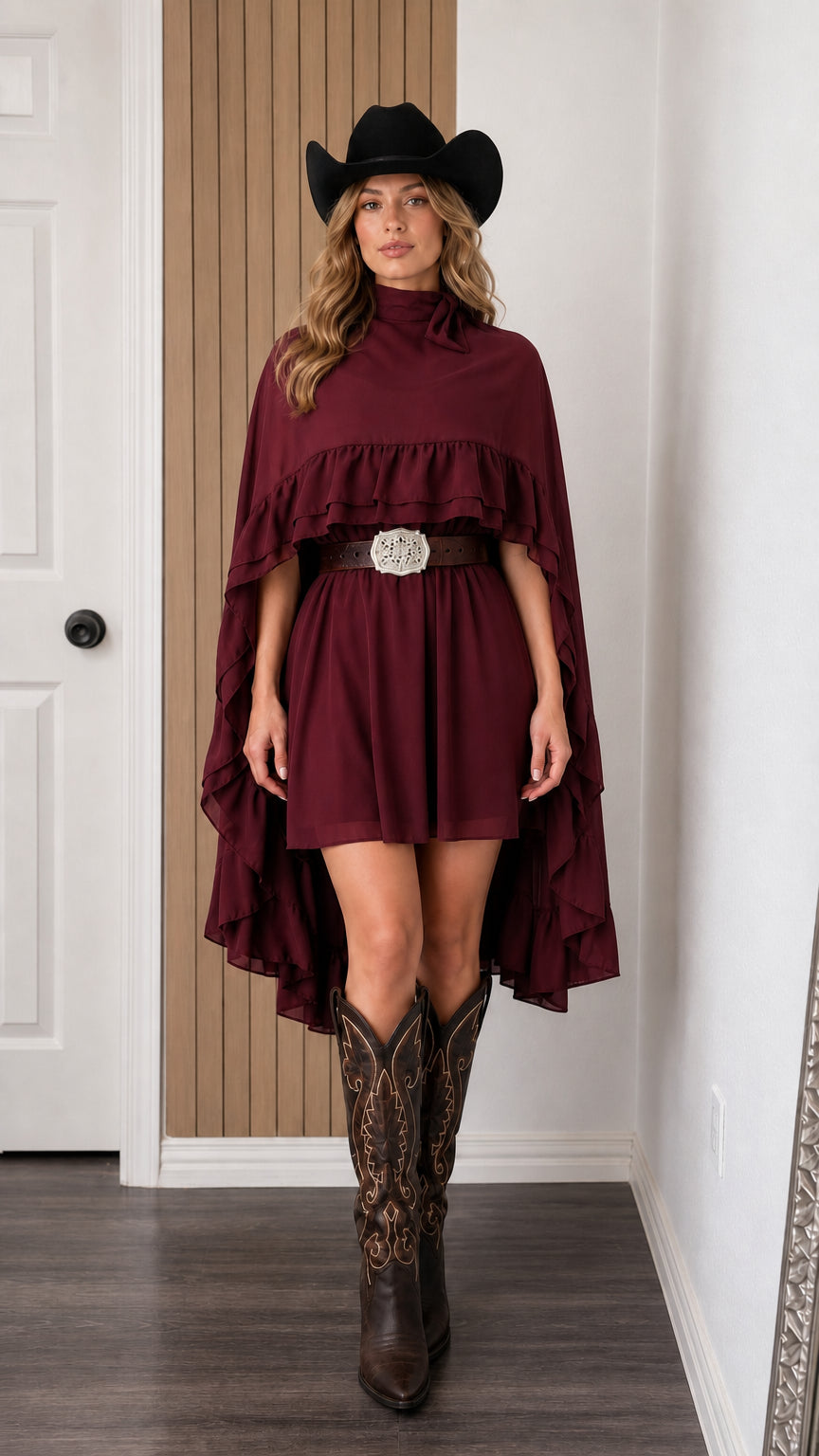 Front view of woman wearing burgundy mock neck ruffle cape mini dress