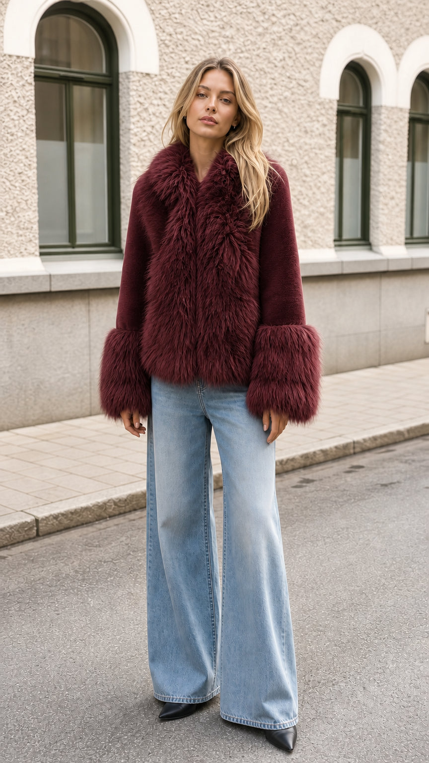 Model wearing burgundy wine red faux fur trimmed short coat