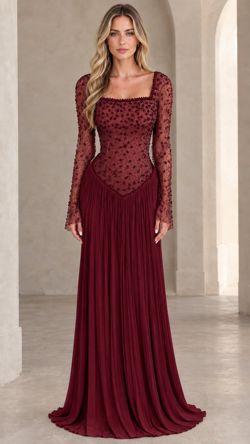 Front view of Burgundy wine beaded long-sleeve formal evening gown