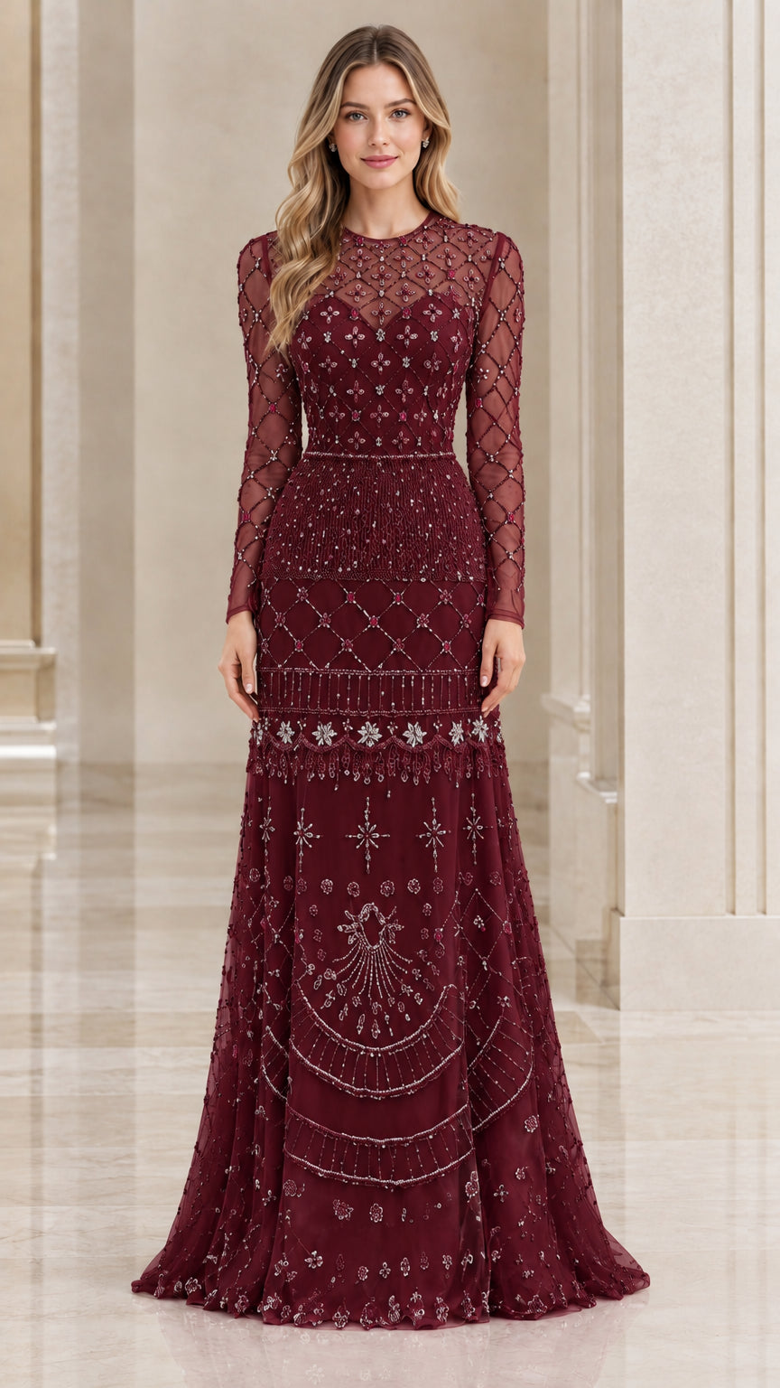 Front view of burgundy wine red beaded floor-length formal gown