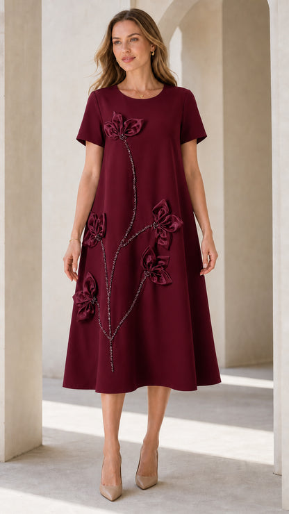 Burgundy 3D floral applique short sleeve A-line midi dress