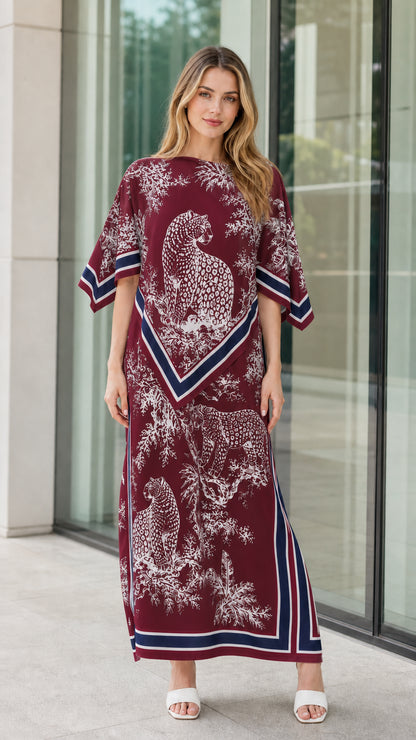 Burgundy wine red leopard scarf print kaftan maxi dress