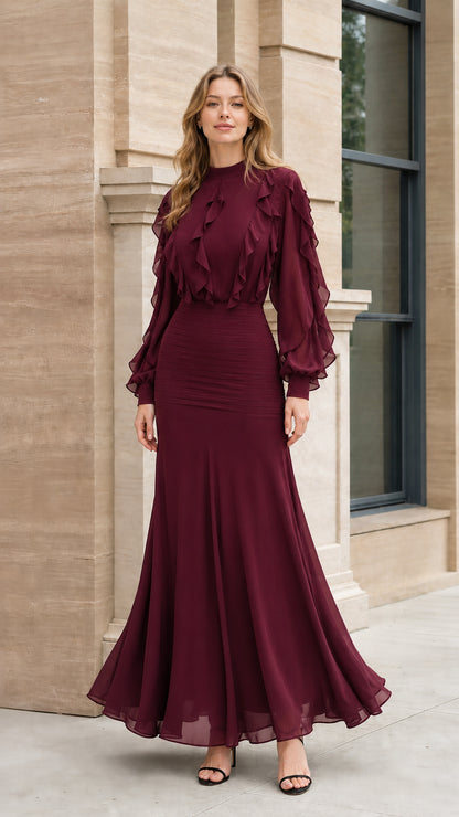 Front view of model wearing burgundy ruffled maxi dress