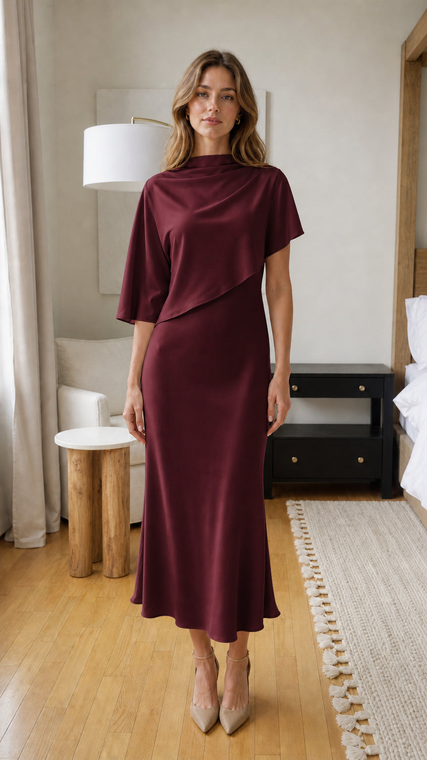 Front view of model wearing the burgundy color variant