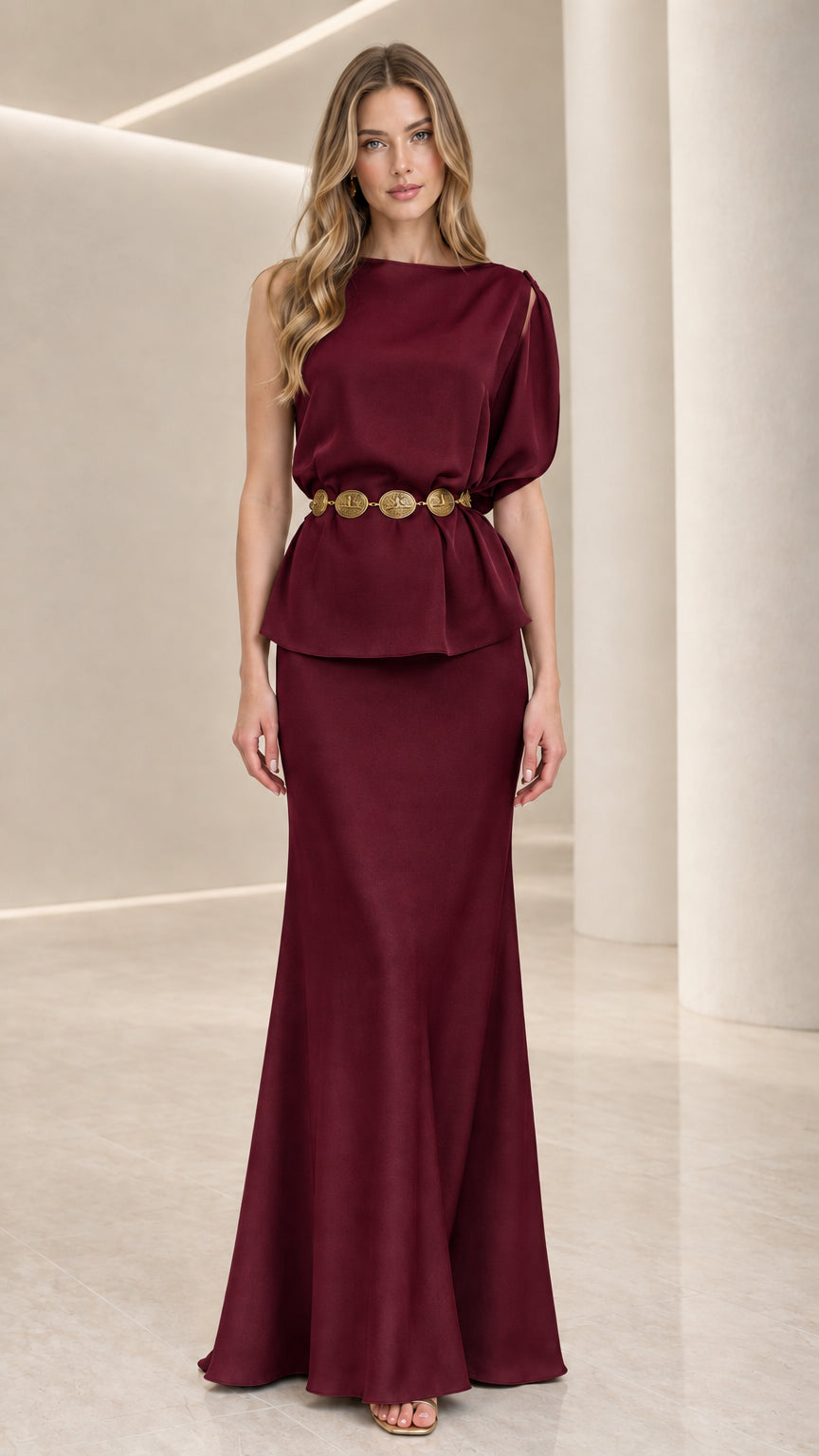 Burgundy wine asymmetric draped peplum evening dress