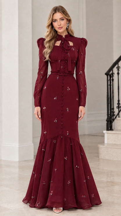 Burgundy wine red long sleeve floral sequin mermaid evening gown