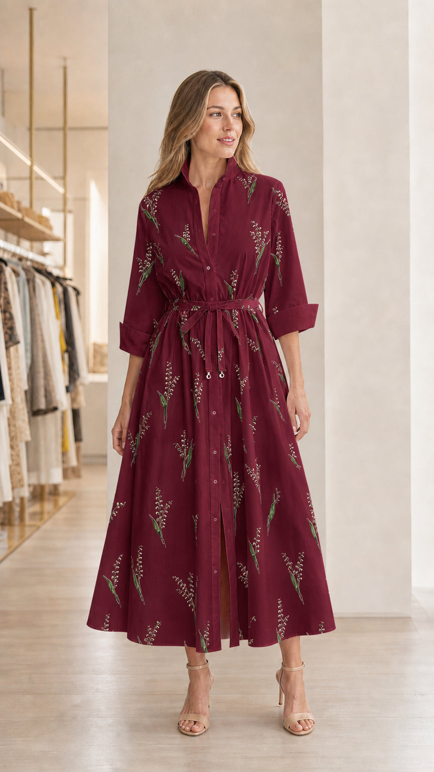 Model wearing burgundy floral midi shirt dress