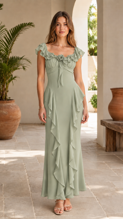 Front view of sage green maxi dress with ruffle neckline and maxi length skirt