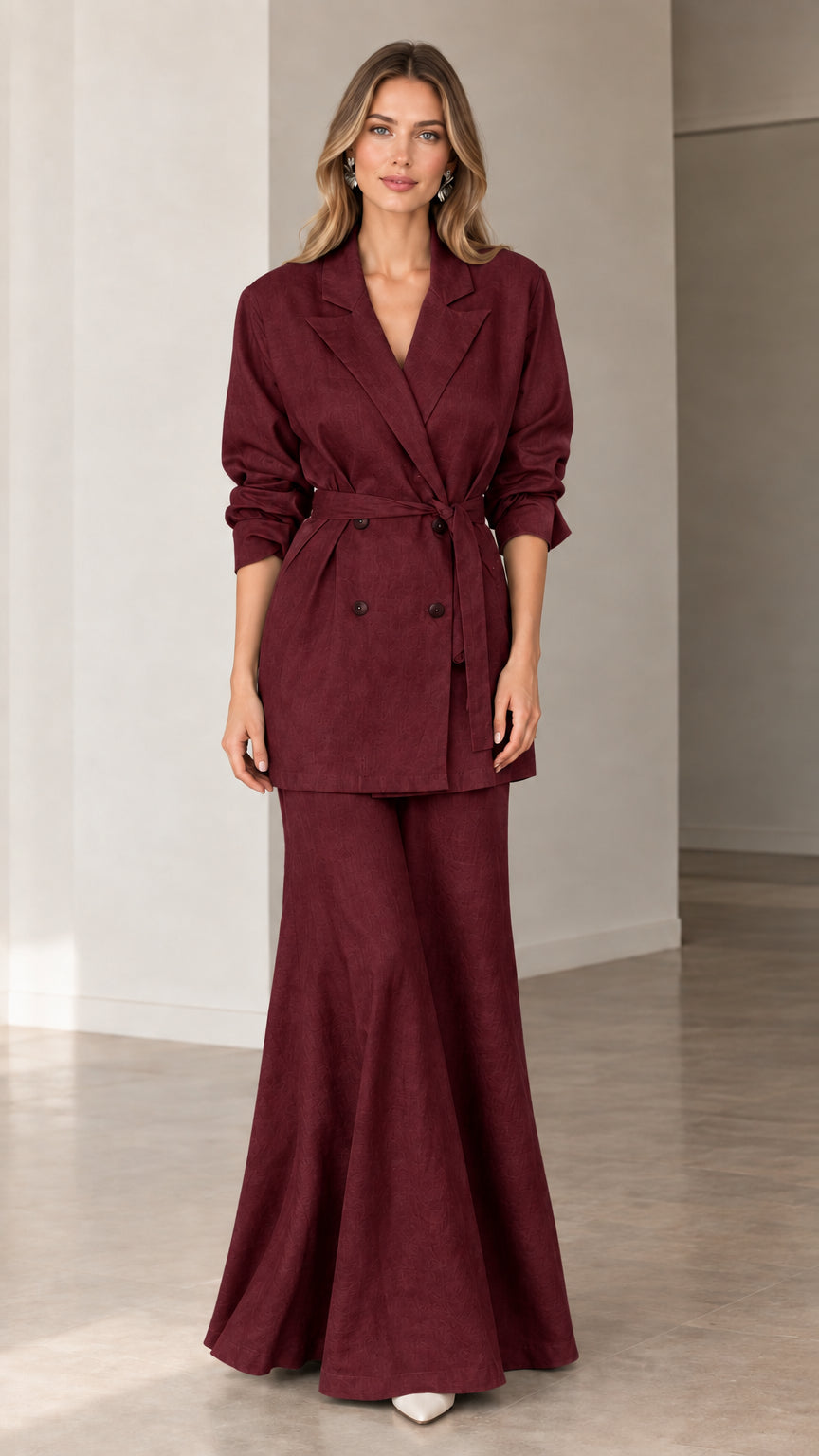 Burgundy wine red double-breasted belted blazer and flared maxi skirt suit set