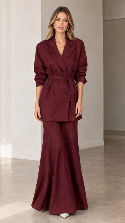 Burgundy wine red double-breasted belted blazer and flared maxi skirt suit set