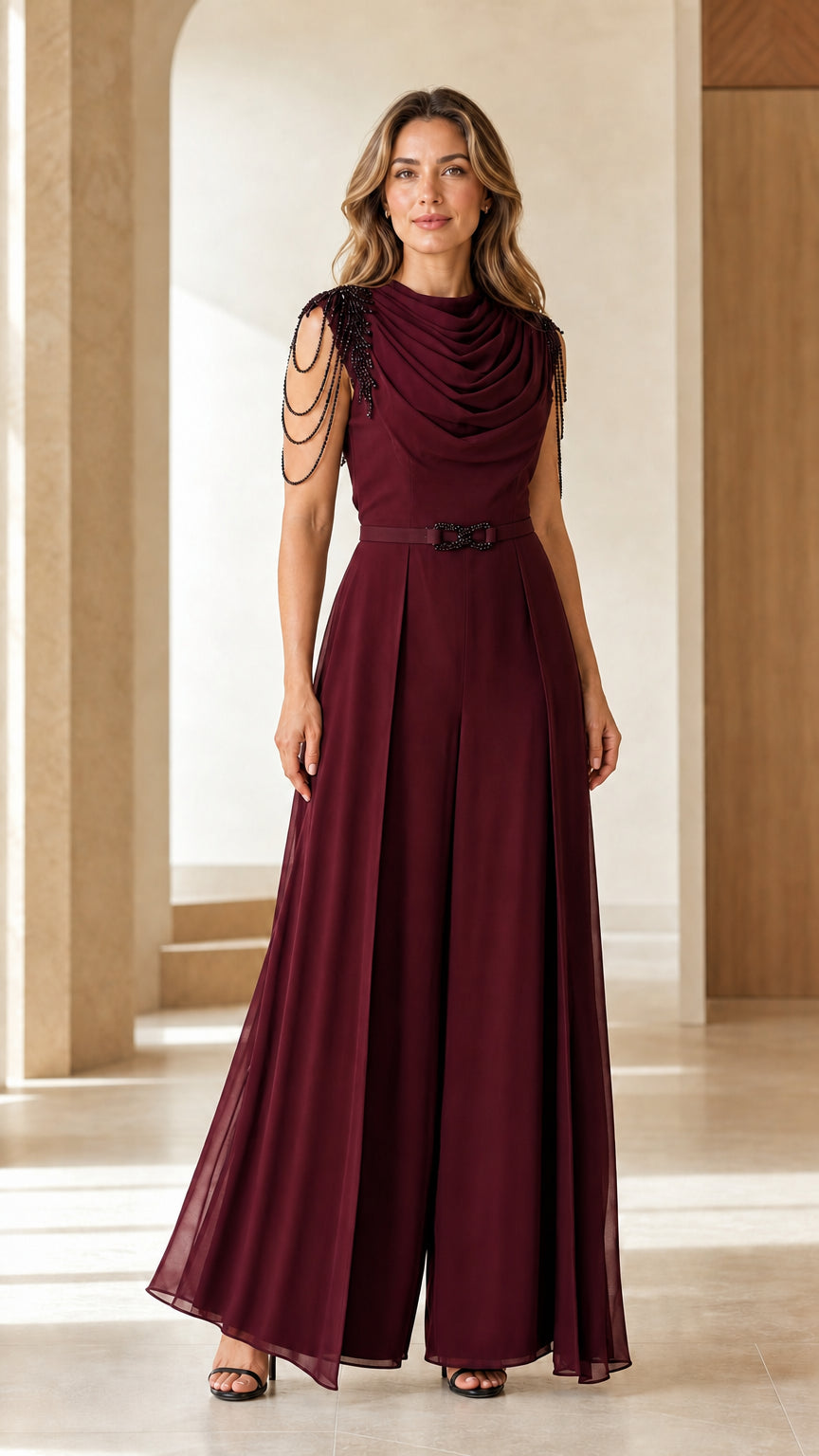 Burgundy wine formal wide-leg evening jumpsuit with draped neckline