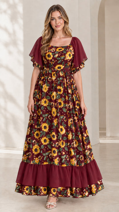 Full front view of burgundy sunflower print square neck tiered maxi dress