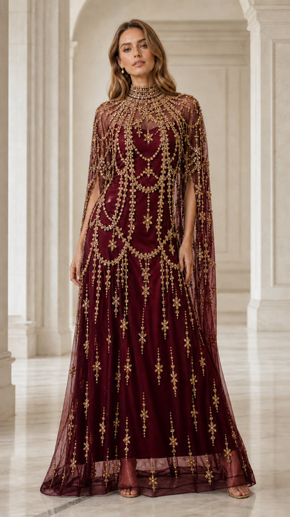 Model wearing burgundy colored beaded evening gown