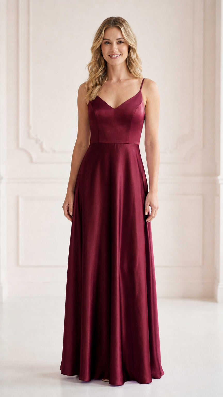 Front view of model wearing burgundy wine red satin formal maxi dress