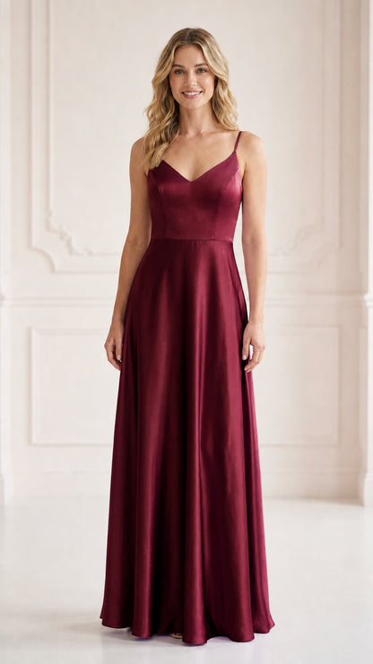 Front view of model wearing burgundy wine red satin formal maxi dress