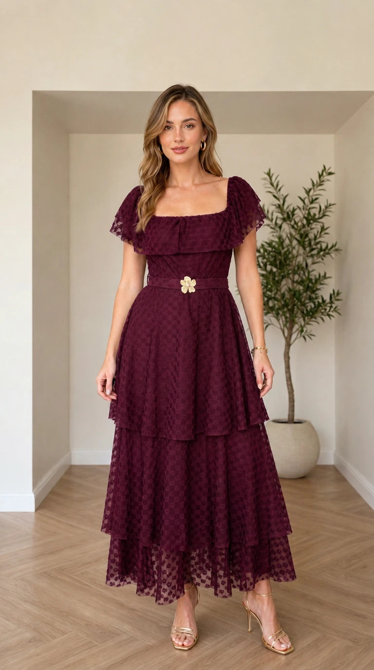 Burgundy wine red tiered ruffle maxi dress with waist belt