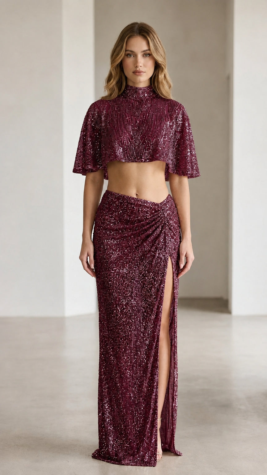 Burgundy sequin crop top and ruched maxi skirt set