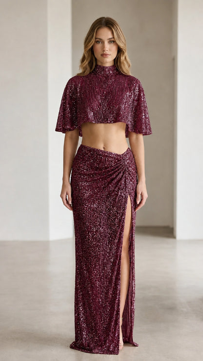 Burgundy sequin crop top and ruched maxi skirt set