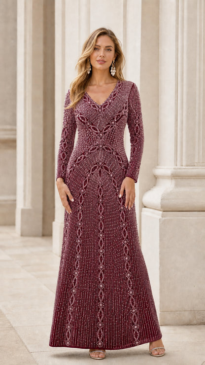 Front view of burgundy wine long sleeve beaded evening maxi dress