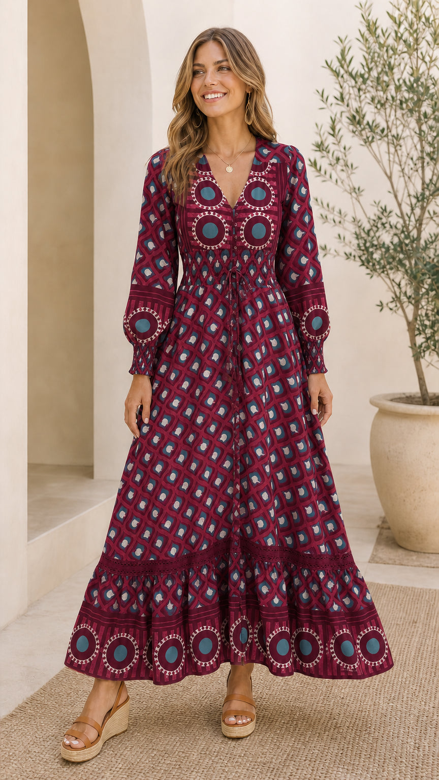 Full front view of model wearing Burgundy wine geometric print smocked maxi dress