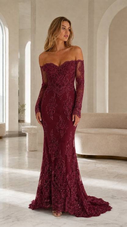 Model wearing burgundy off-the-shoulder lace evening gown