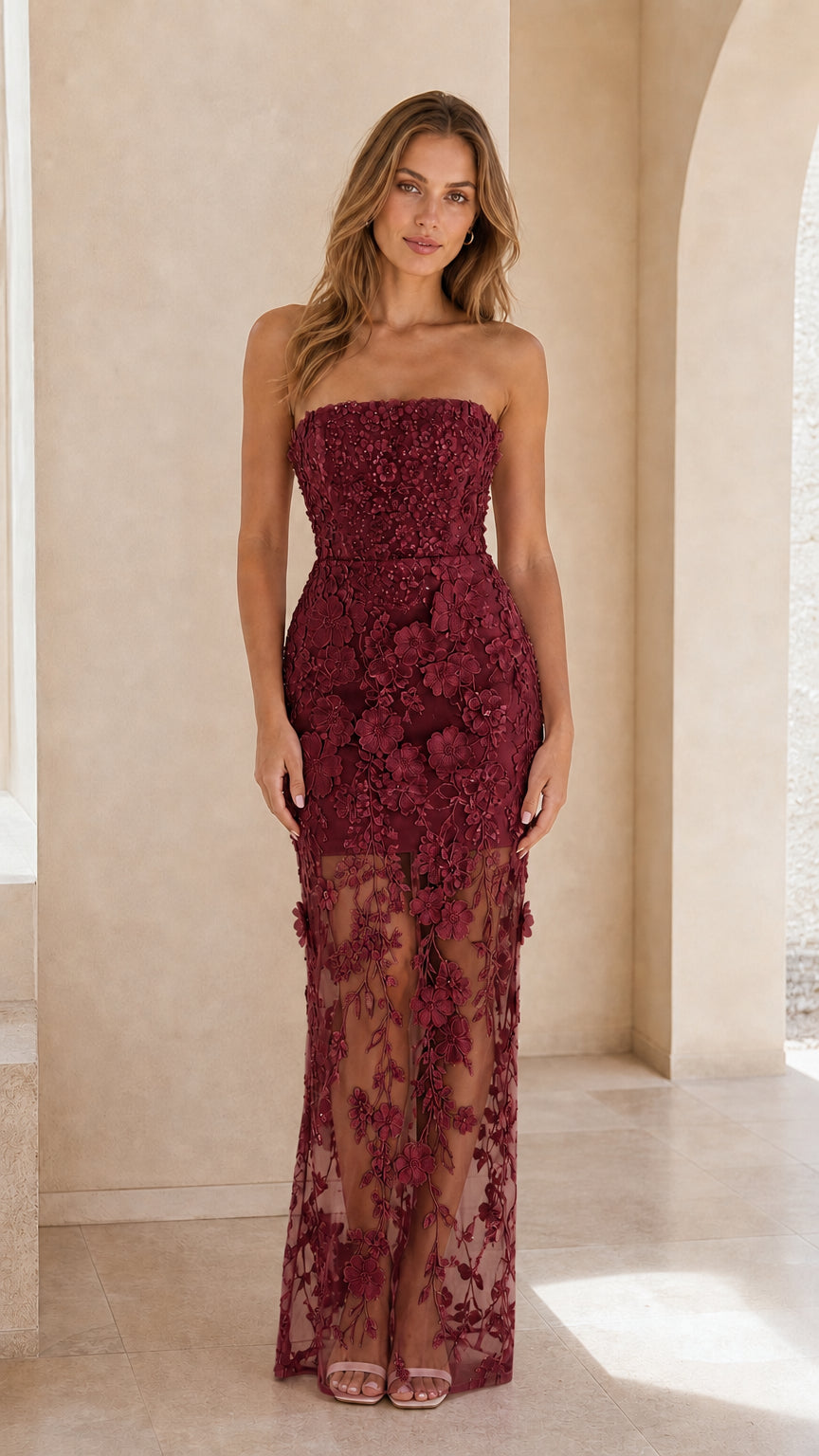 Full-length front view of strapless 3D floral lace maxi dress in burgundy