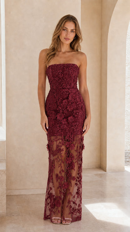 Full-length front view of strapless 3D floral lace maxi dress in burgundy