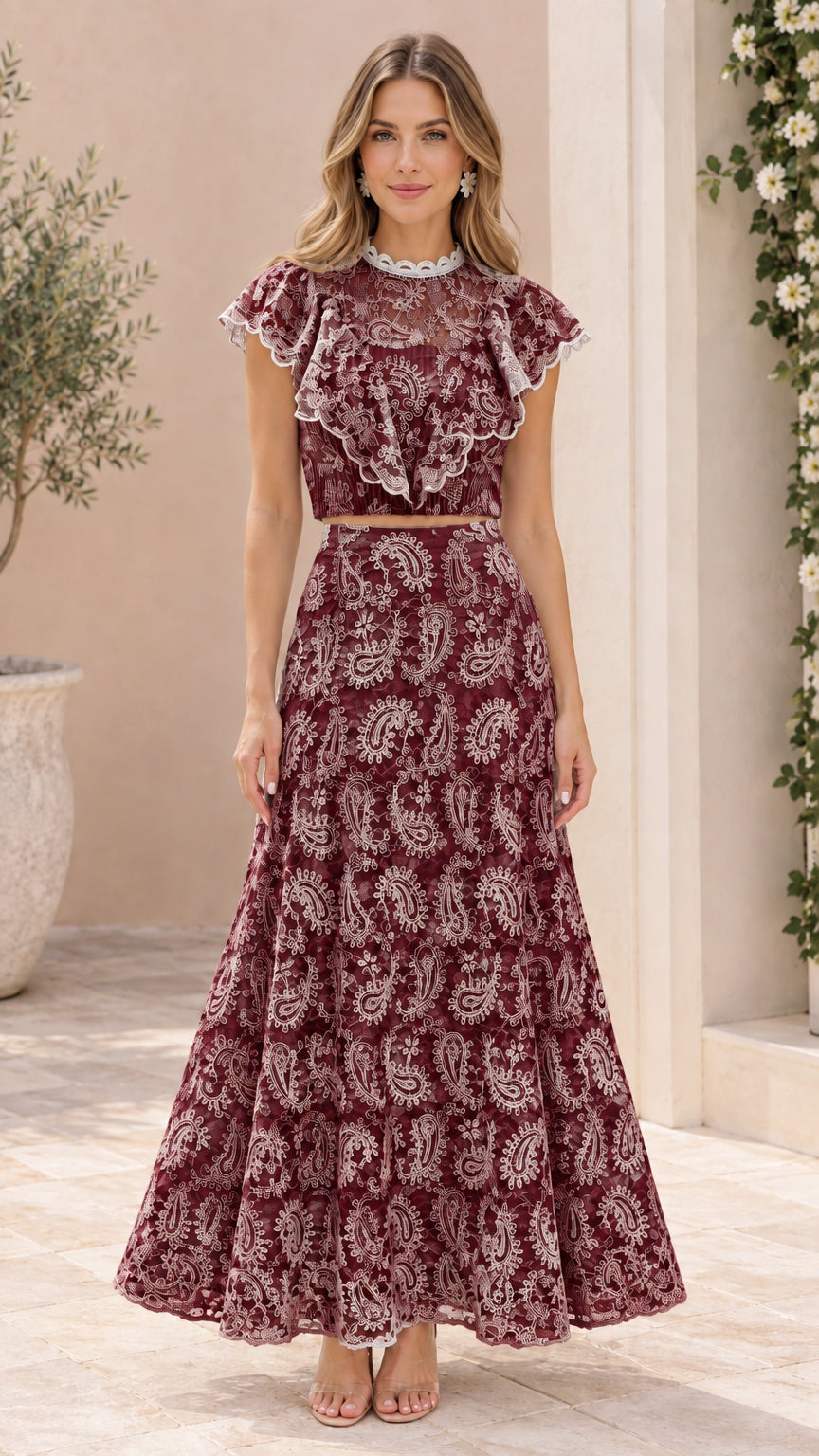 Burgundy wine red two-piece paisley lace crop top and maxi skirt set