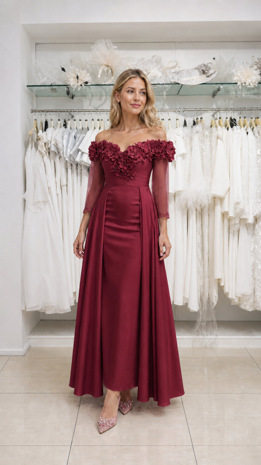 Model wearing burgundy formal evening gown