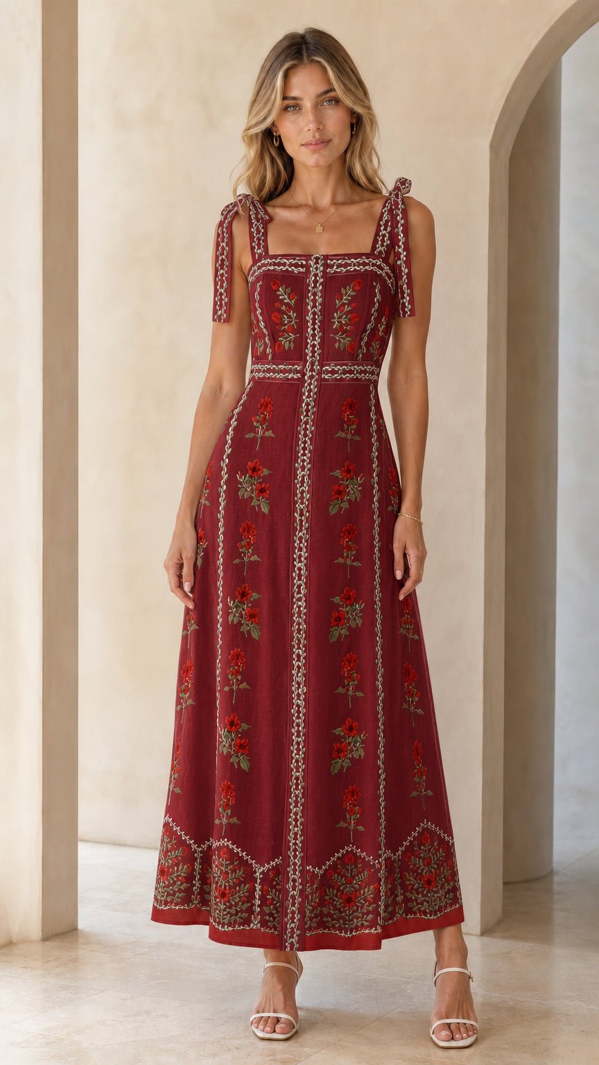 Woman wearing burgundy variant of the floral embroidered maxi dress