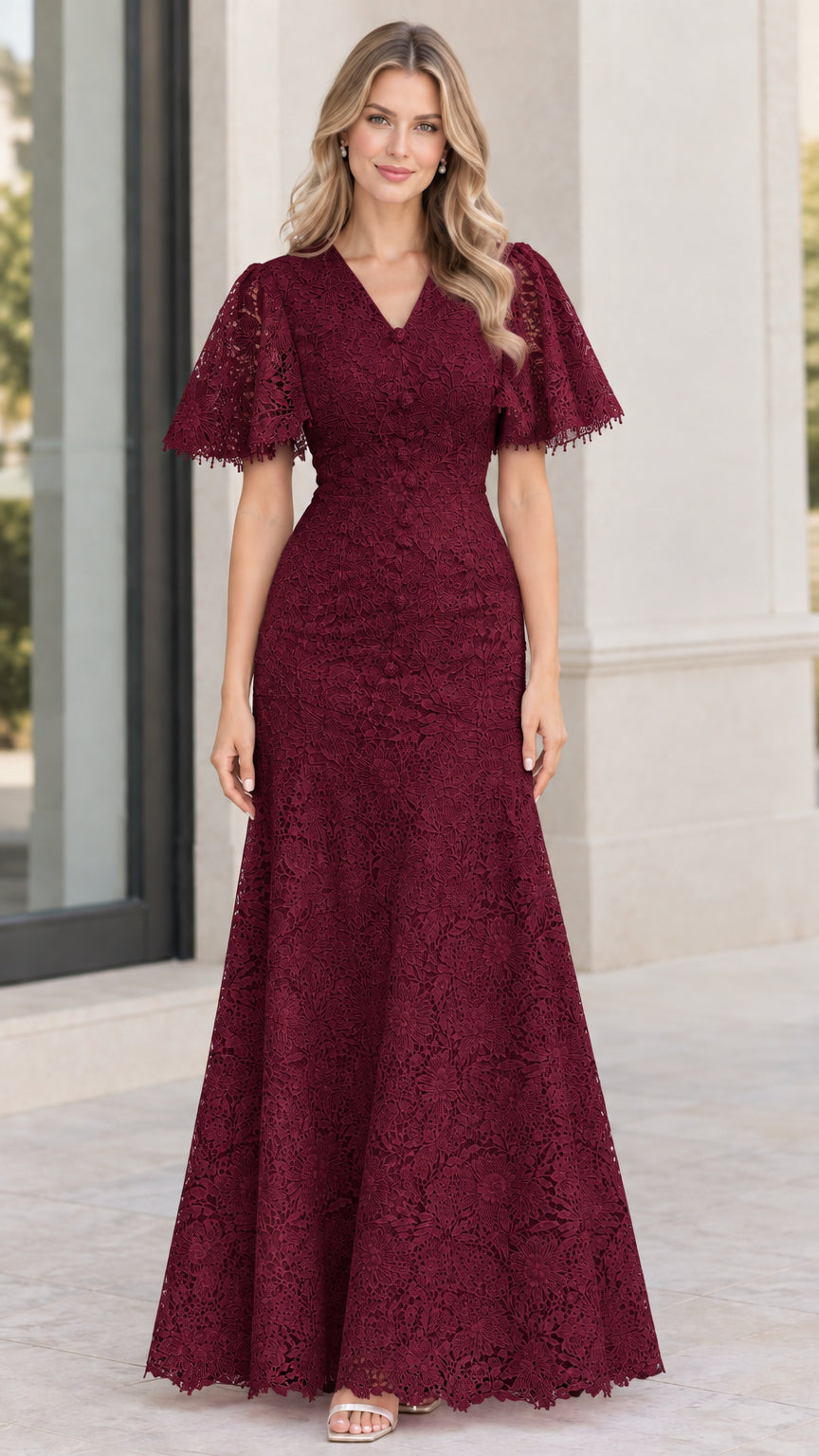 Burgundy wine red floral lace maxi gown with flutter sleeves