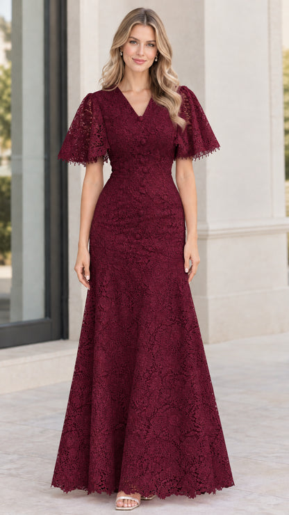 Burgundy wine red floral lace maxi gown with flutter sleeves