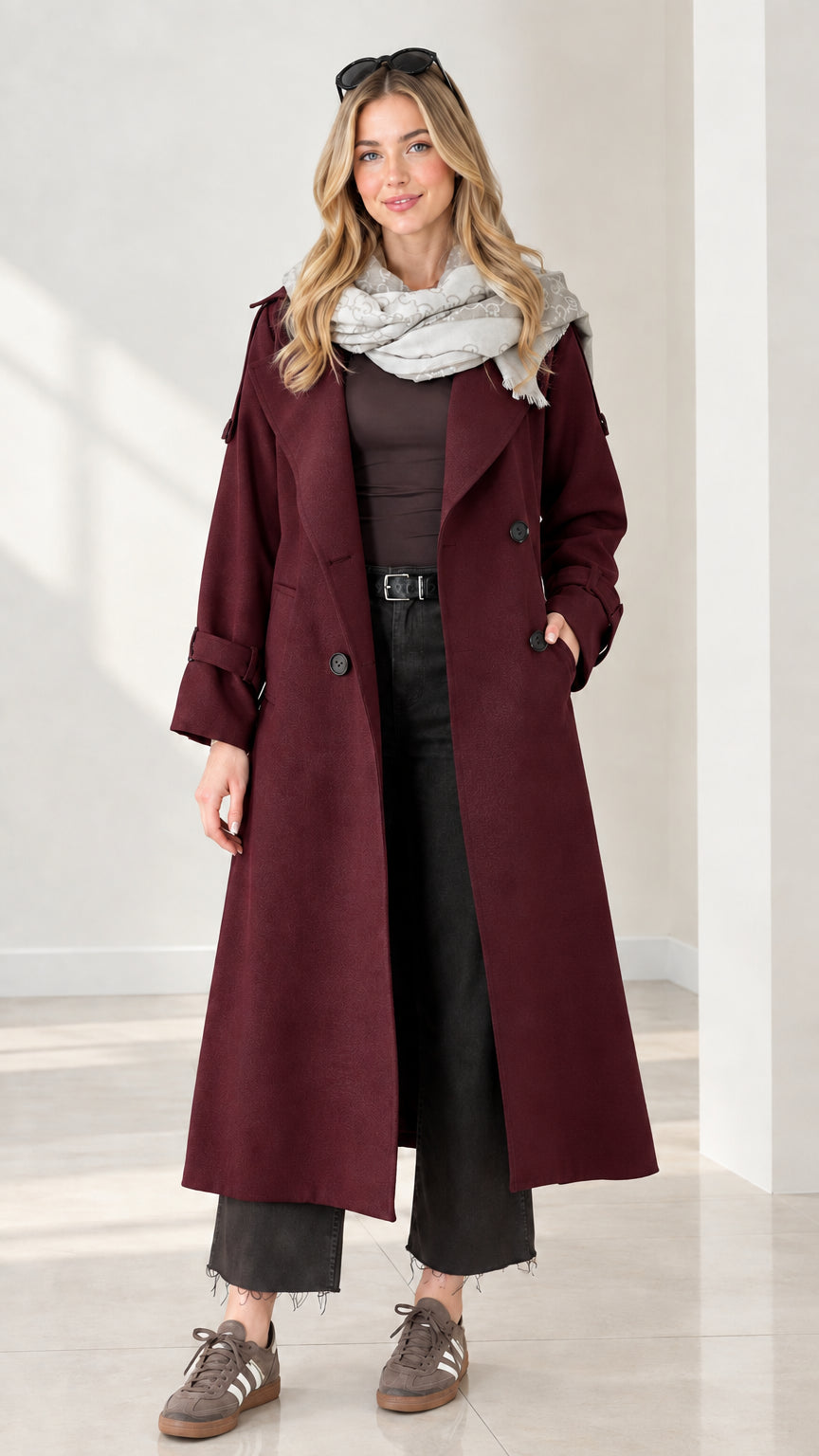 Model wearing rich burgundy wine red double-breasted trench coat