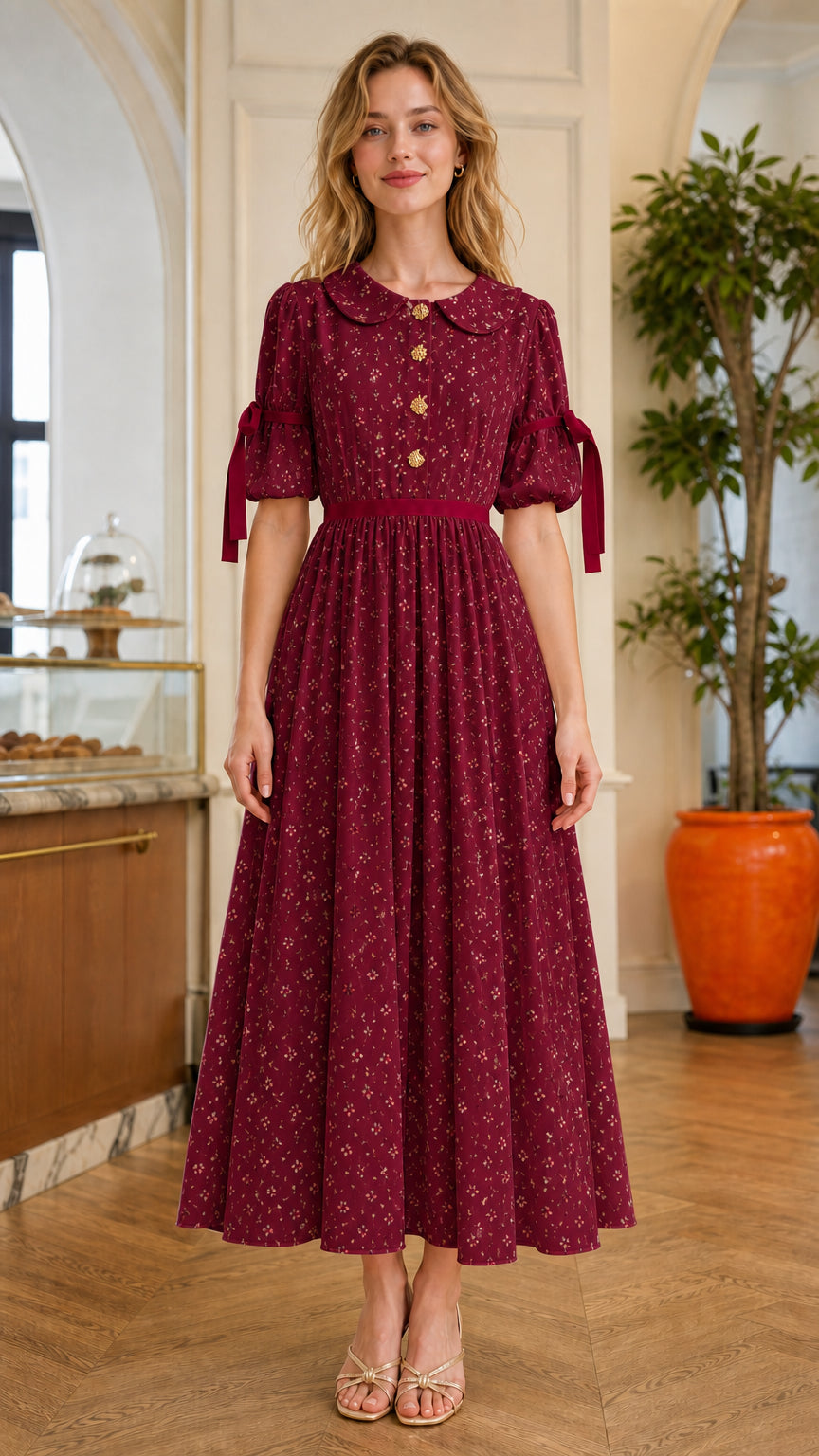 Burgundy floral Peter Pan collar midi dress with vintage details