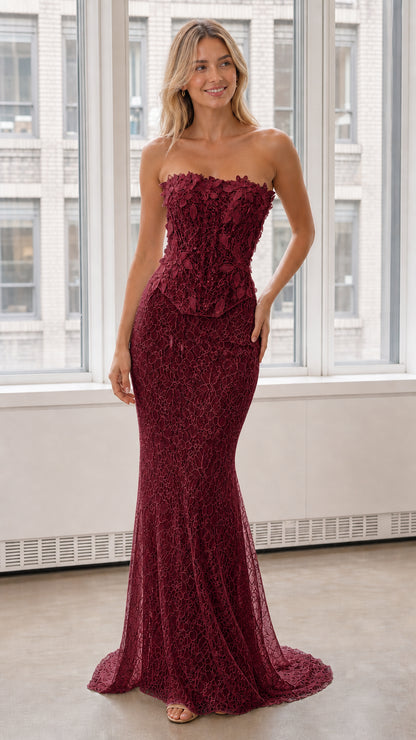 Front view of burgundy strapless 3D floral lace mermaid evening dress