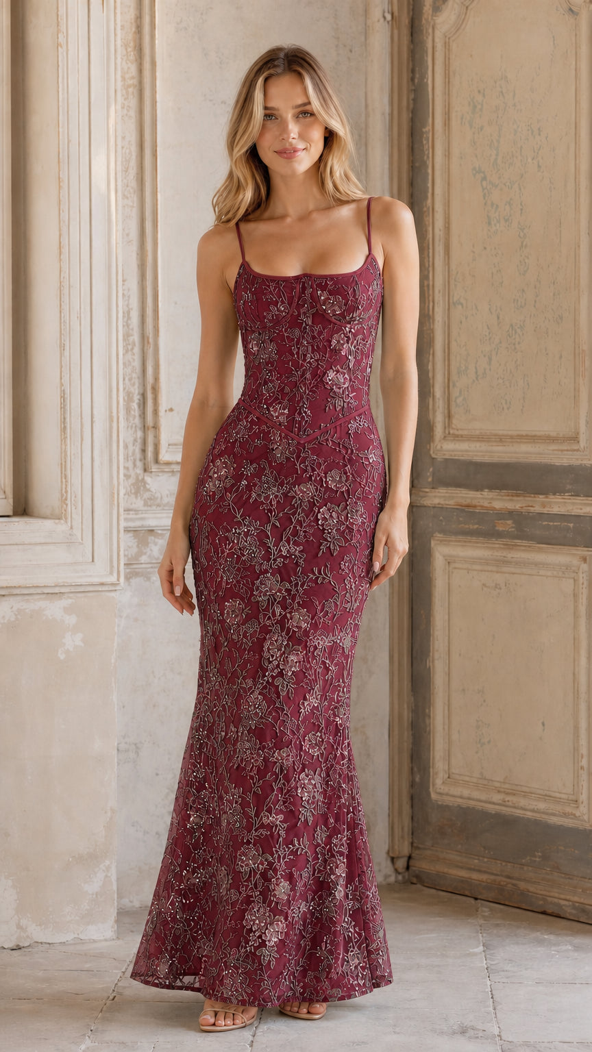 Front view of Burgundy embroidered corset evening gown