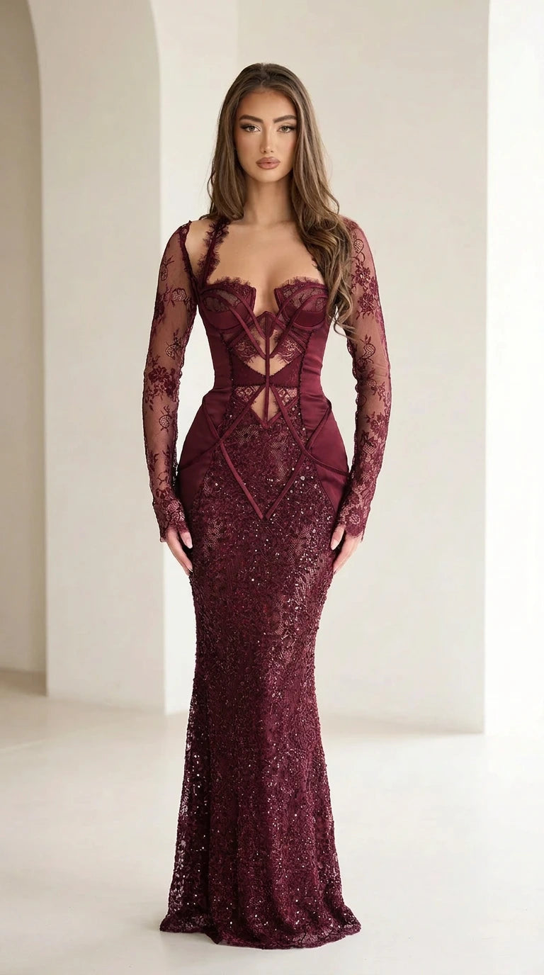 Burgundy wine red corset formal gown with long lace sleeves and sequin details