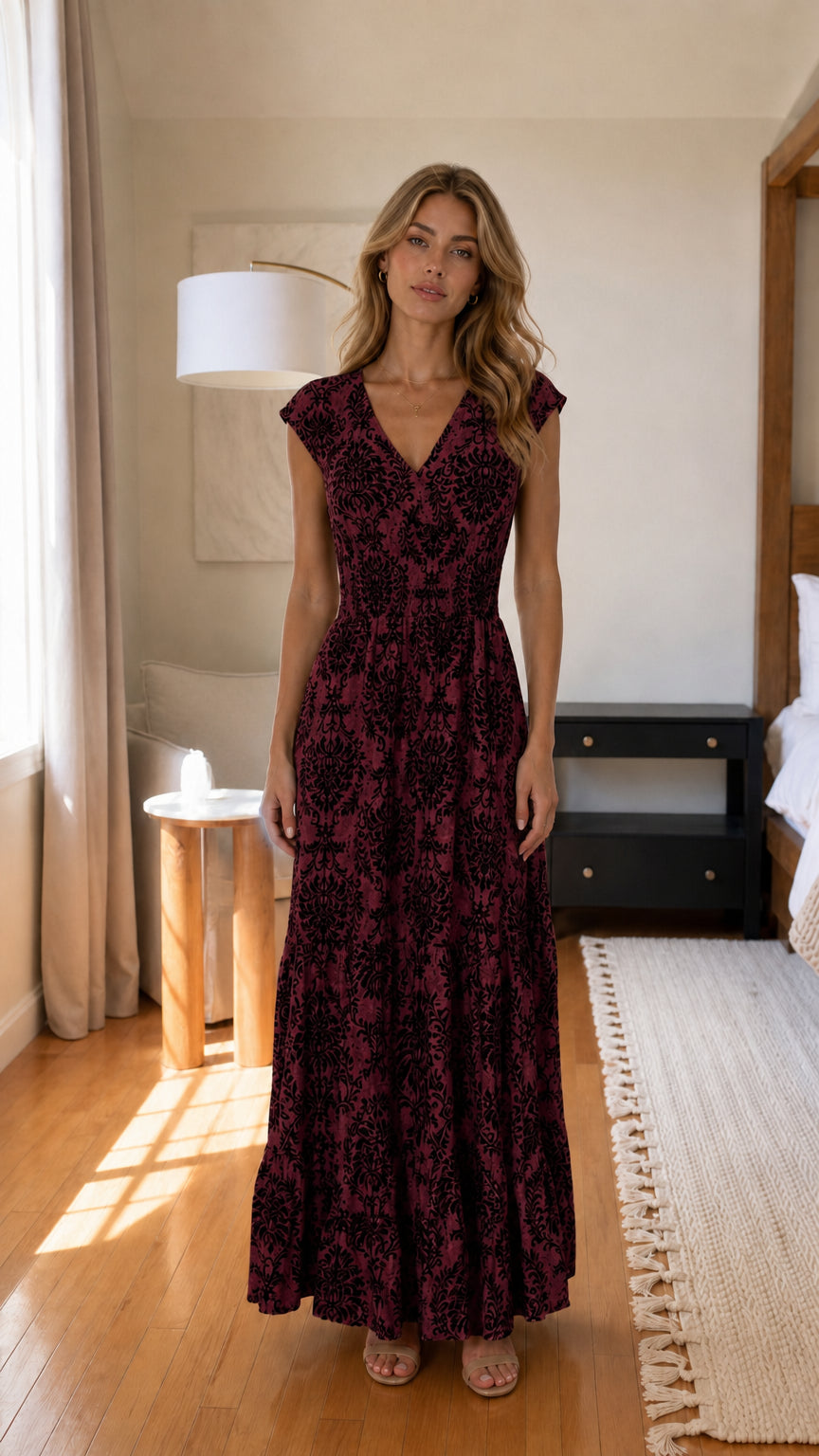 Model wearing burgundy botanical print maxi dress