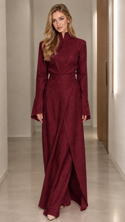 Front full view of woman wearing Burgundy long sleeve mandarin collar wrap maxi dress